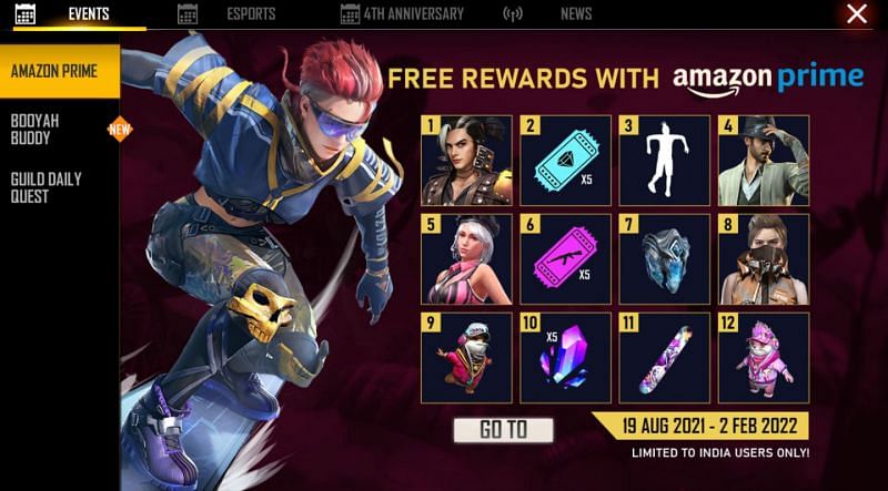 List of rewards for the Amazon Prime event (Image via Free Fire)