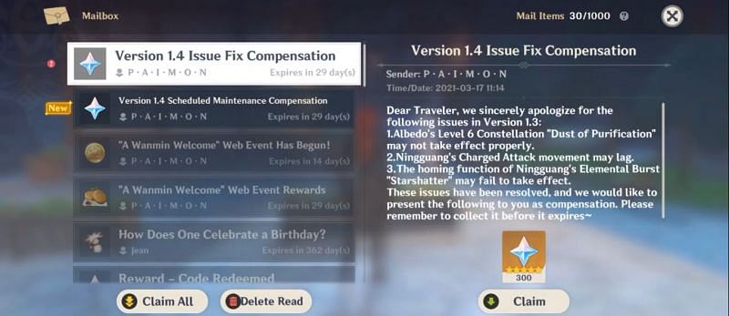 Version 1.4 Issue Fix Compensation (Image via IkaUna OmniGods, Youtube)