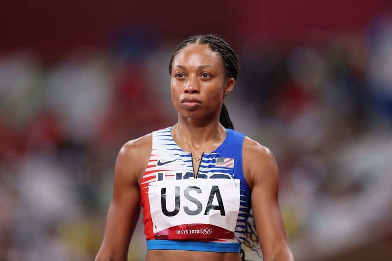 Allyson Felix in the women&#039;s 4x400m final at the Tokyo Olympics