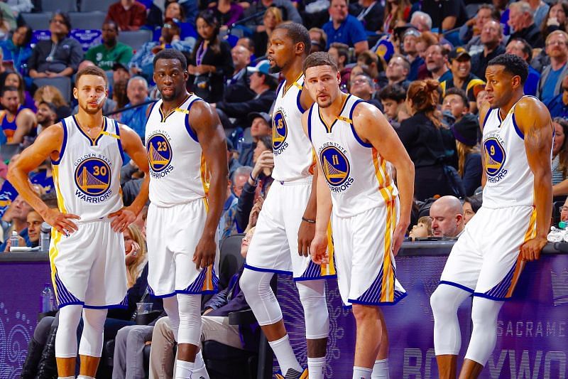 (from left to right) Stephen Curry, Draymond Green, Kevin Durant, Klay Thompson and Andre Iguodala with the Golden State Warriors in 2017 [Source: Bleacher Report]