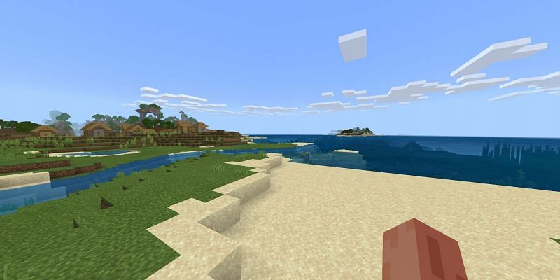 Beach next to a village (Image via Minecraft)
