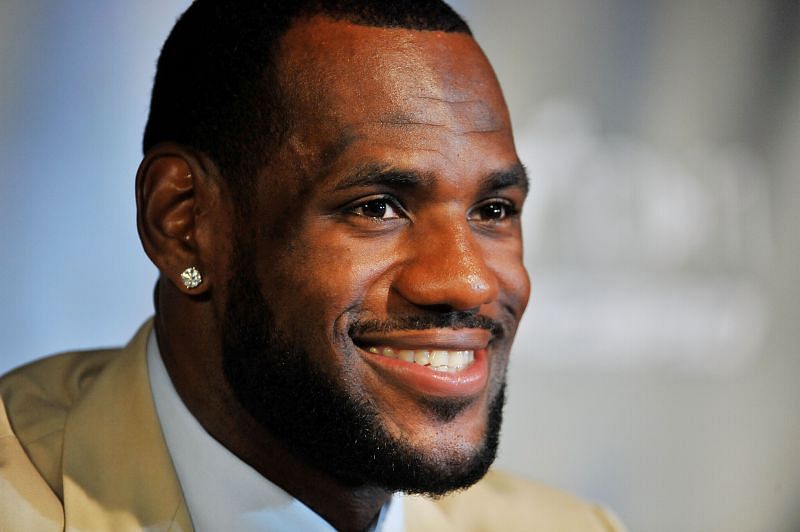 LeBron James #6 smiles during a press conference.