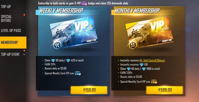 Two different types of memberships are available in Free Fire (Image via Free Fire)