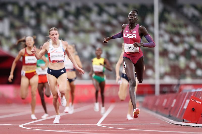 Athing Mu on her way to winning the women&#039;s 800m final at the Tokyo Olympics