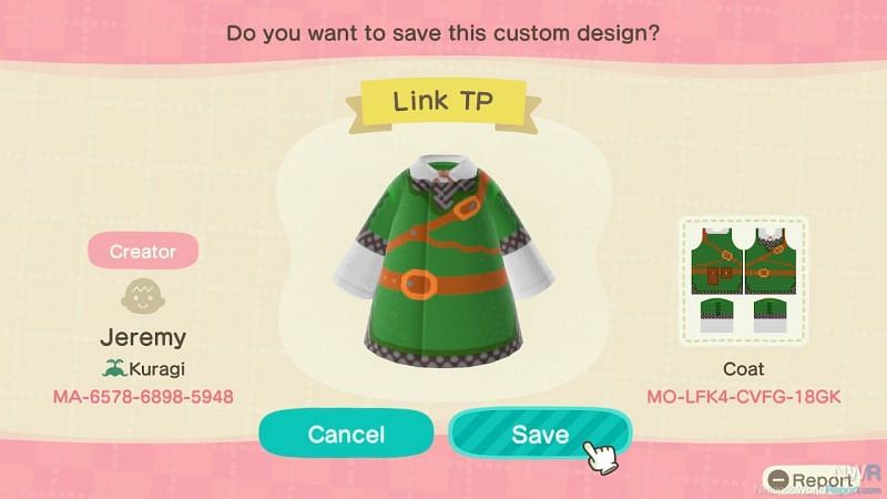 Link&#039;s iconic outfit, custom made by Jeremy to bring the Zelda franchise over to Animal Crossing. Image via Nintendo