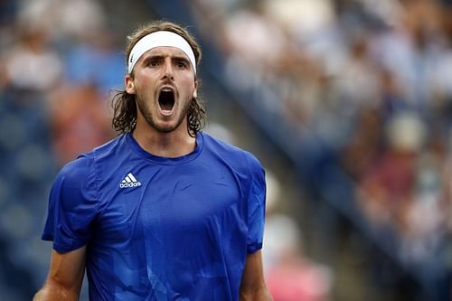 Stefanos Tsitsipas after winning a point against Casper Ruud