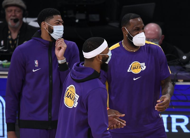 LA Lakers&#039; LeBron James (right) and Anthony Davis during an NBA game.