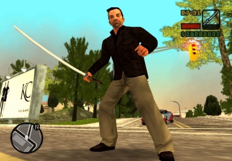 Toni Cipriani holding a katana in Liberty City Stories (Image via Rockstar Games)