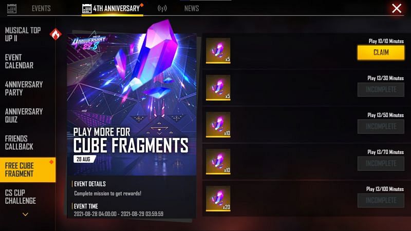 Free Cube Fragments were given on the peak day of 4th Anniversary celebrations (Image via Free Fire)