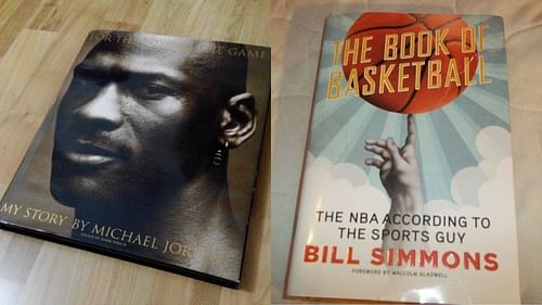 Book covers of Michael Jordan's My Story and Bill Simmons' The Book of Basketball