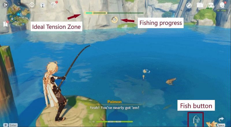 Observe the Ideal Tension Zone and Fishing progress (Image via Genshin Impact)