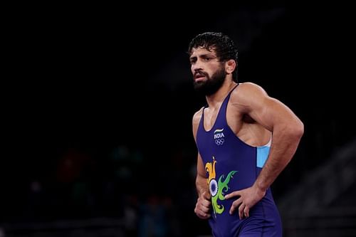 Ravi Kumar Dahiya of India reacts after defeating Nurislam Sanayev of Kazakhstan during the Men’s Freestyle 57kg Semi-Final at Tokyo Olympics 2020