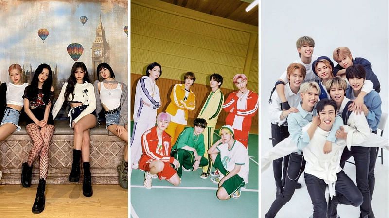 Pictured left to right: Blackpink, BTS, and Stray Kids (Images via YG Entertainment, Big Hit Music, JYP Entertainment)