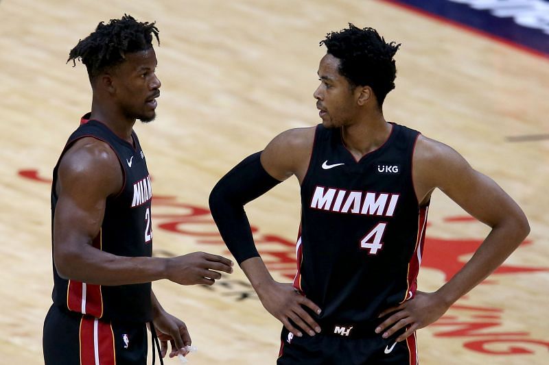 Jimmy Butler (#22) and KZ Okpala (#4) of the Miami Heat