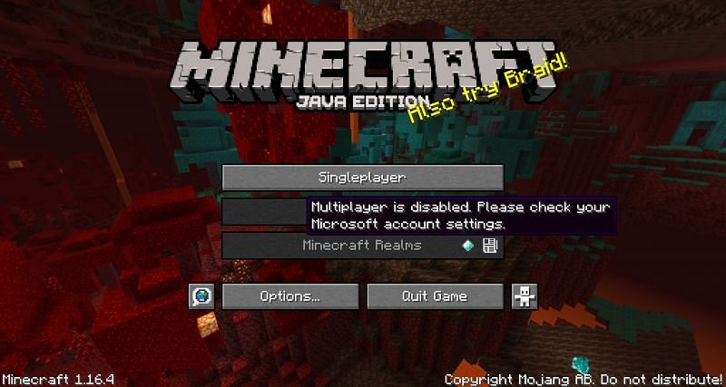 Multiplayer is disabled (Image via Minecraft)