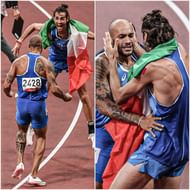 गोल्ड की खुशी मनाते इटली के धावक जेकब्स और हाई जम्प एथलीट तम्बेरी