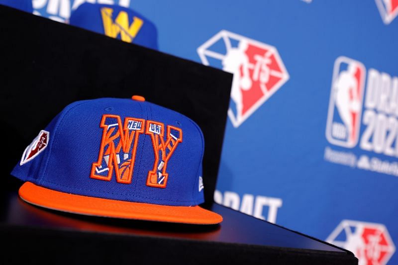 A detailed view of a New York Knicks hat during the 2021 NBA Draft.