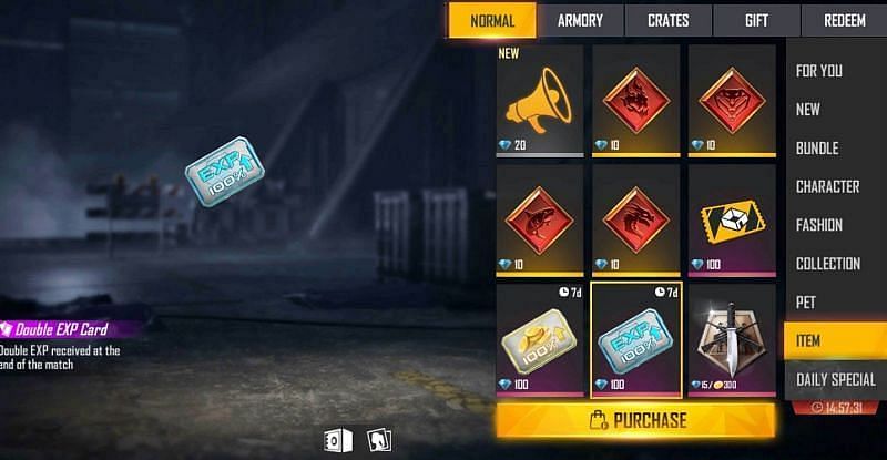 Experience cards in Free Fire for double EXP