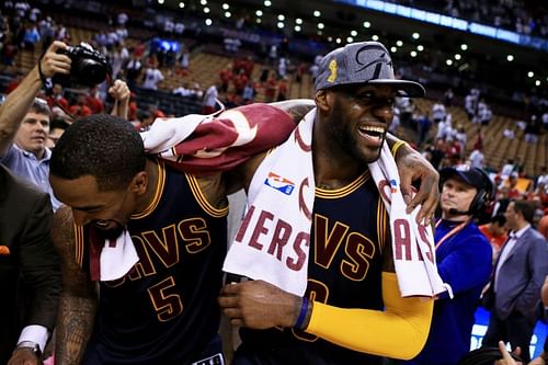 J.R. Smith (left) with LeBron James (right) after their win over Toronto Raptors in game six