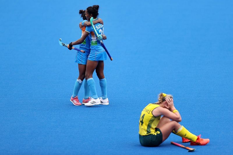 Indian girls celebrate their historic win over Australia in the QF