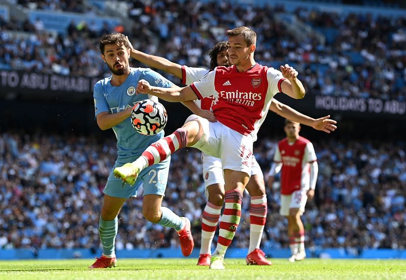 Cedric Soares (right) had a torrid time on the pitch against Manchester City.