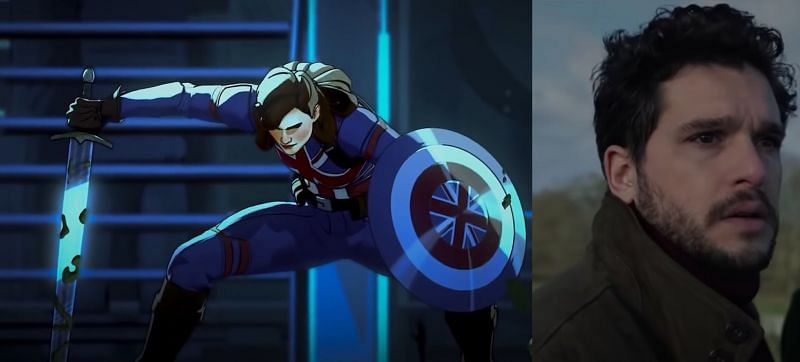 Peggy Carter with the sword in Episode 1 and Kit Harington in Eternals (Image via Disney+/Marvel)