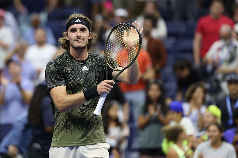 Stefanos Tsitsipas celebrates after beating Andy Murray at the 2021 US Open