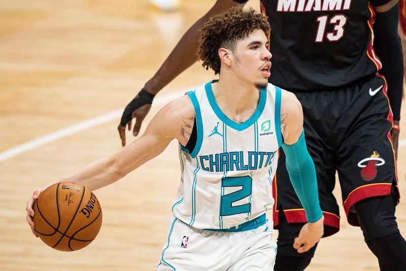 LaMelo Ball #2 of the Charlotte Hornets drives to the basket.
