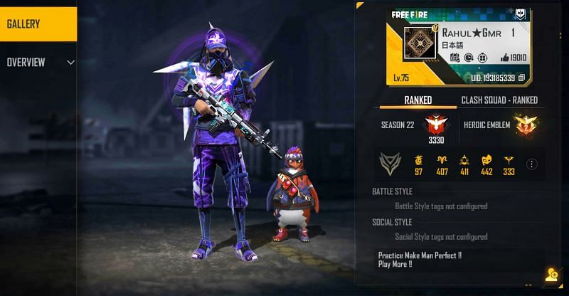 Rahul Gamer&rsquo;s Free Fire ID is 193185339 (Image via Free Fire)