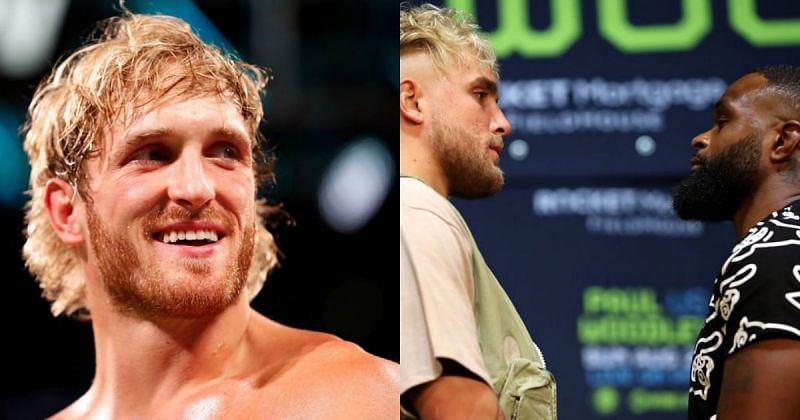 Logan Paul (left) , Jake Paul (center) and Tyron Woodley (right)