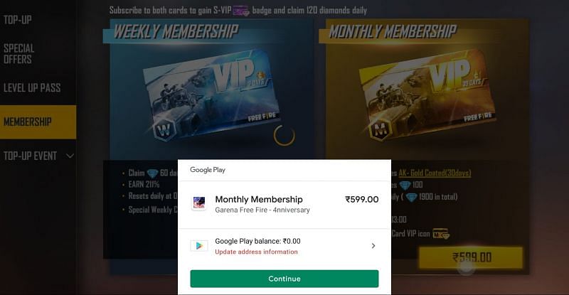 The monthly membership will cost INR 599 and provide diamonds for 30 days (Image via Free Fire)