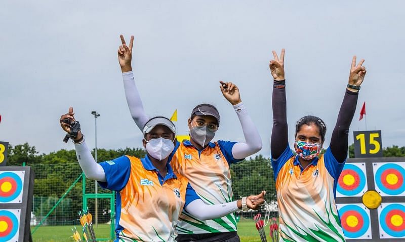 Priya Gurjar, Ridhu Varshini and Parneet Kaur (Image courtesy: World Archery)