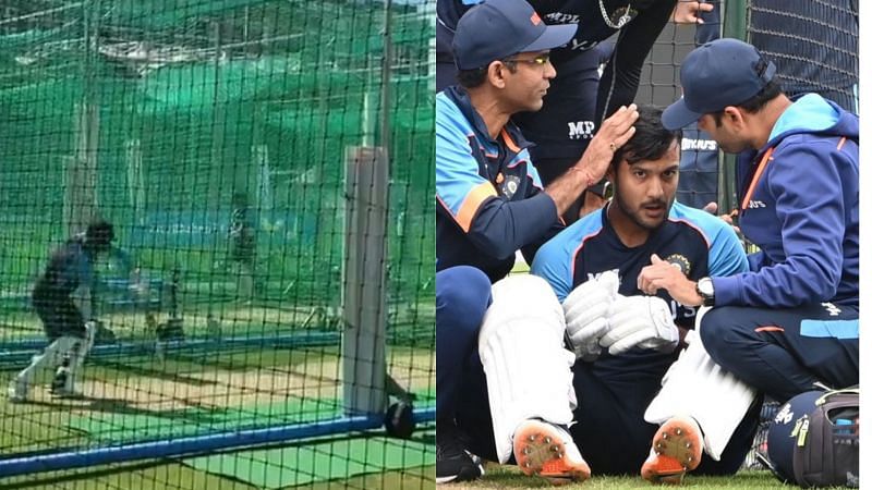 Mayank Agarwal at the nets (L) and before getting ruled out of first Test (R)
