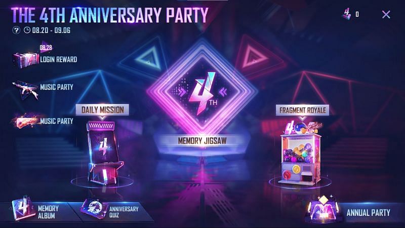 You need to press on the &quot;4th Anniversary Party&quot; tab (Image via Free Fire)