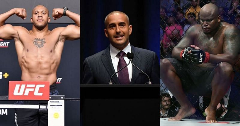 Ciryl Gane (left), Jon Anik (center) &amp; Derrick Lewis (right)