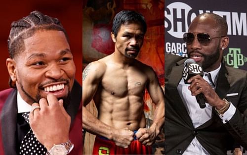 Shawn Porter (left); Manny Pacquiao (center) and Yordenis Ugas (right)