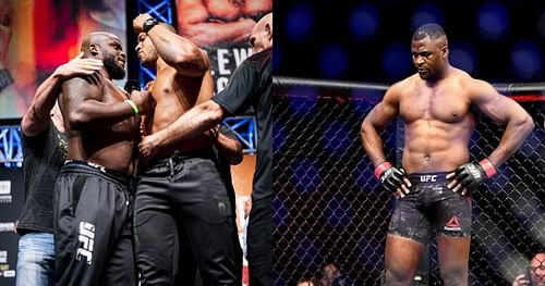 Derrick Lewis (left) vs Ciryl Gane (center) & Francis Ngannou (right) [Image Credits- @ufc on Twitter]