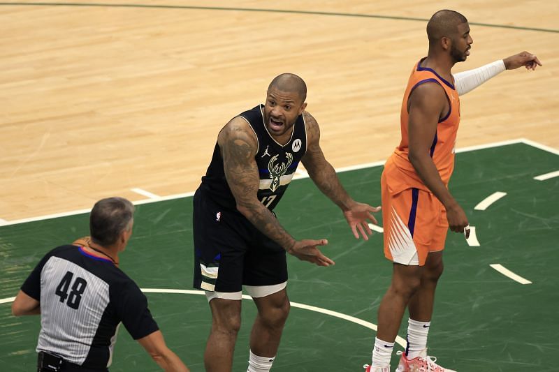 PJ Tucker argues with the referee during Game Six of the 2021 NBA Finals