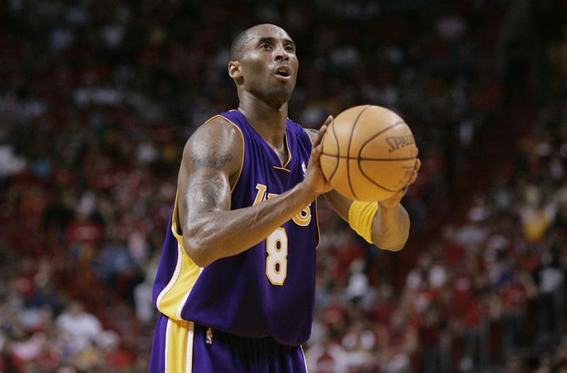 Kobe Bryant prepares to take a free-throw shot during an NBA game.