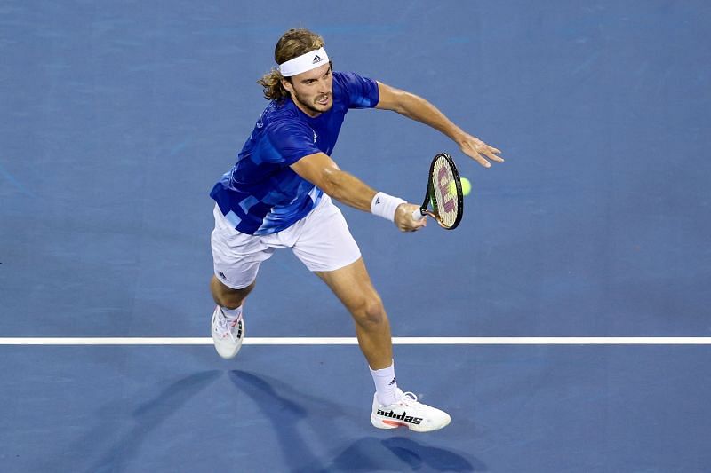 Stefanos Tsitsipas in action at the 2021 Western & Southern Open.