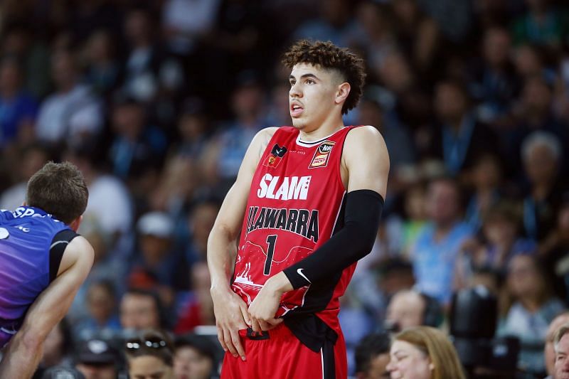 LaMelo Ball of the Hawks reacts during the round 9 NBL match between the New Zealand Breakers and the Illawarra Hawks