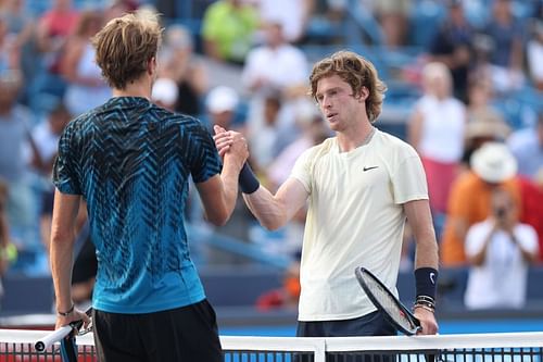 Andrey Rublev (R) after losing to Alexander Zverev in the Cincinnati final