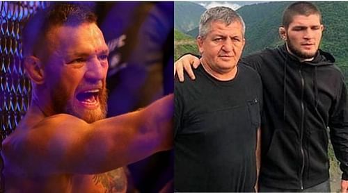 Conor McGregor(left), Abdulmanap Nurmagomedov (center) and Khabib Nurmagomedov (right)