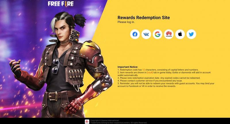 Log in on the Rewards Redemption Site using the respective platform (Image via Free Fire)