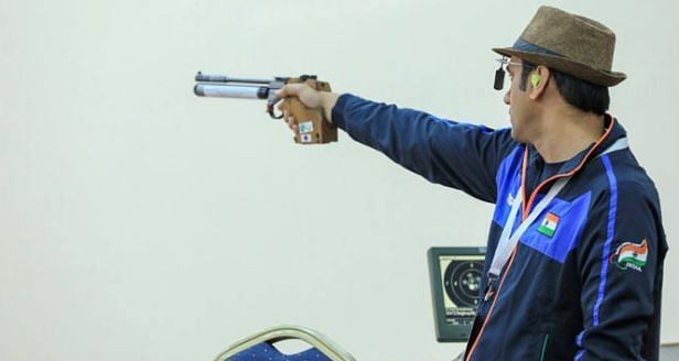 Singhraj Adhana in action during the 10m Air Pistol SH1 finals(Paralympics)