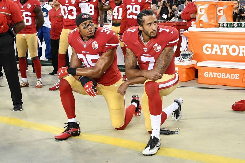 Colin Kaepernick kneeling at Los Angeles Rams v San Francisco 49ers