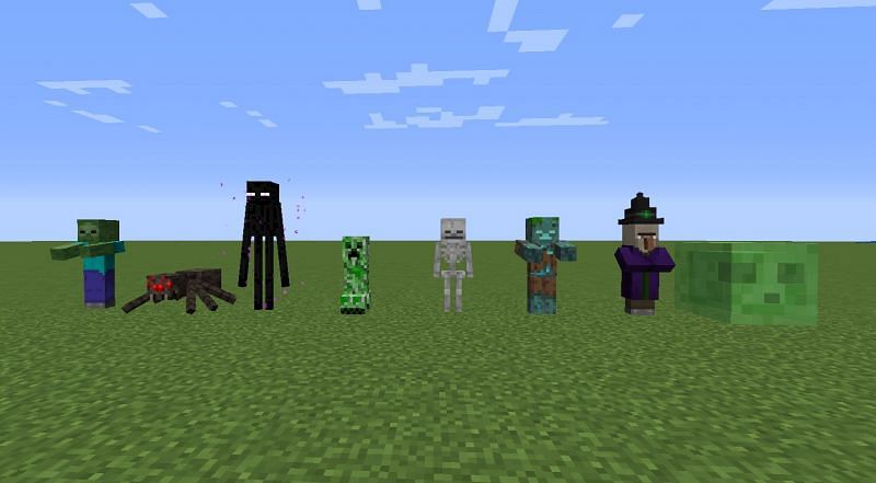 Minecraft hostile mobs, some of which are difficult to find without commands. (Image via Minecraft)