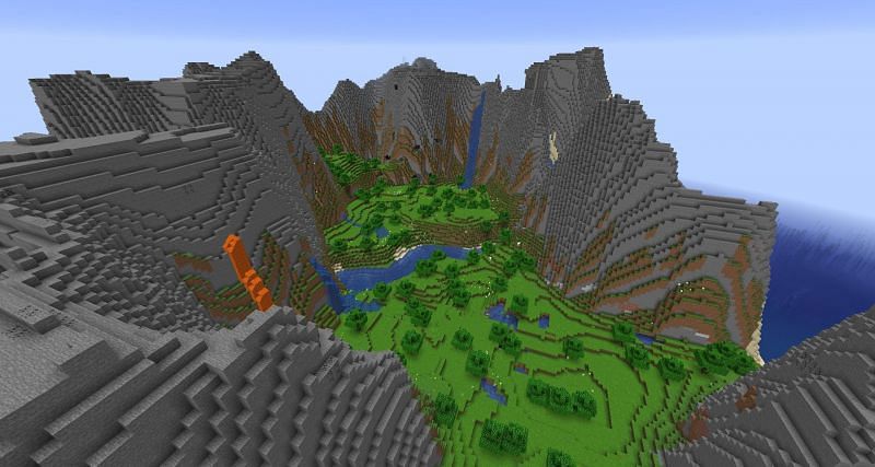 Rolling hills surrounded by tall cliffs on all sides (Image via Minecraft)
