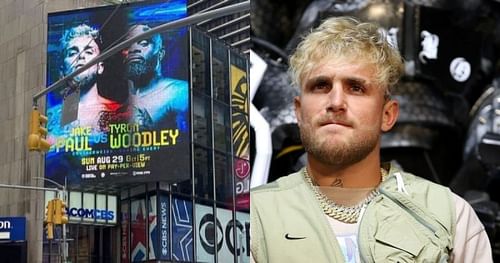 Jake Paul (right), Jake Paul vs. Tyron Woodley poster in Times Square, New York (left) [Left Image courtesy: @jakepaul on Twitter]