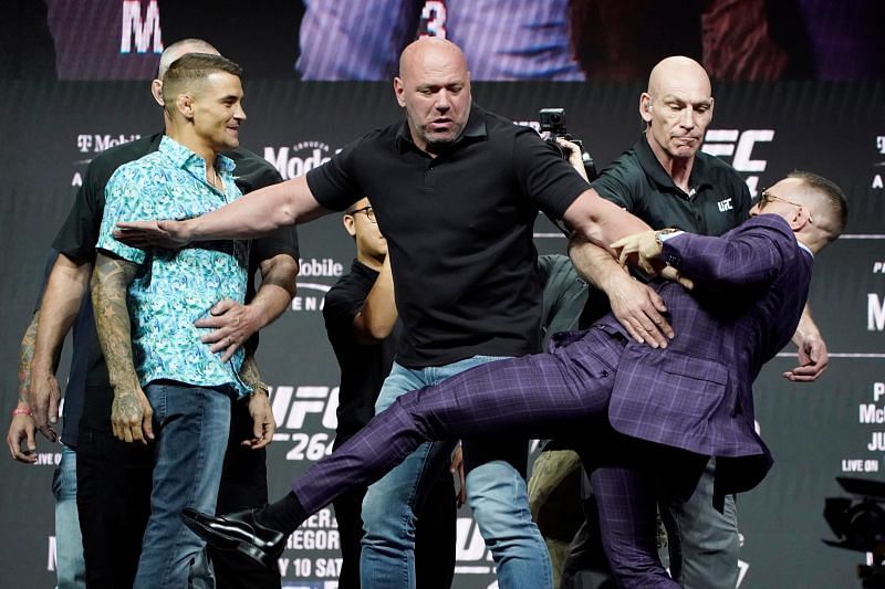 Conor McGregor kicks Dustin Poirier at UFC 264 ceremonial face-off | Image via USA Today